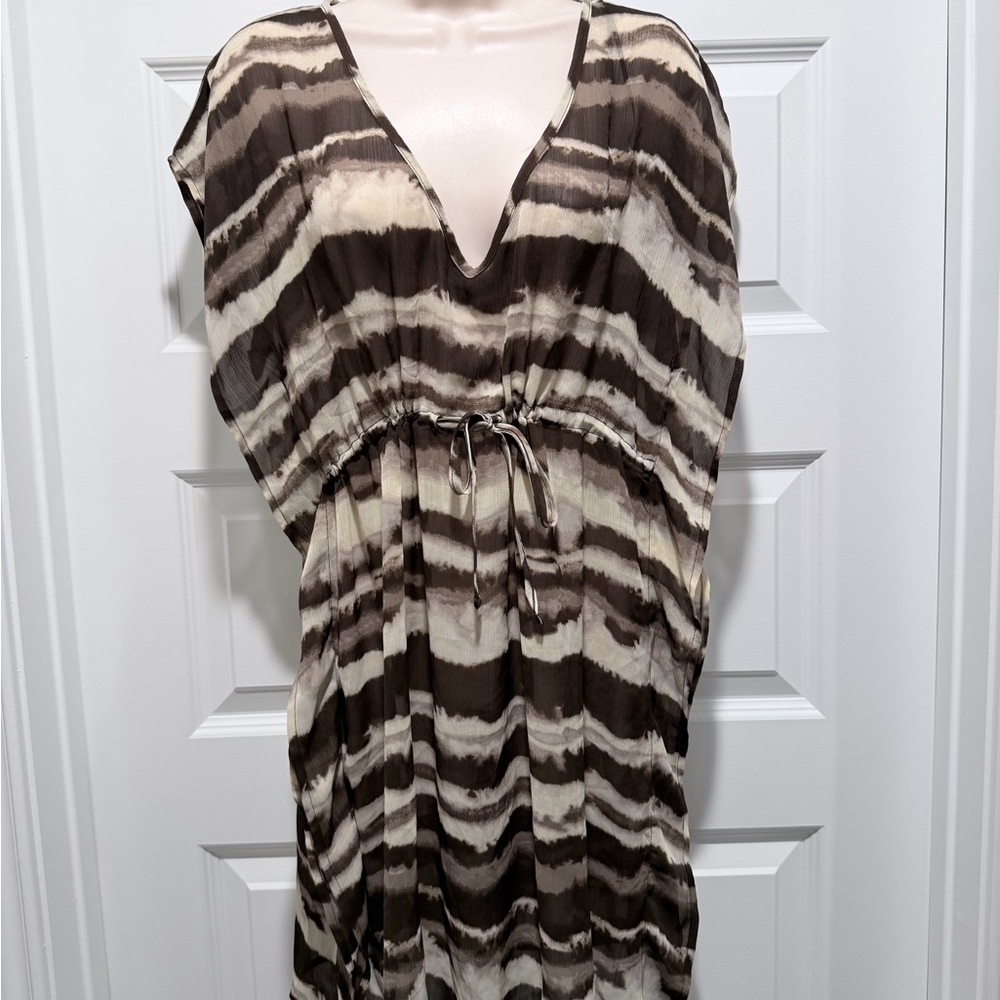 Striped Brown and Cream Kaftan Dress or Swimsuit Cover up
